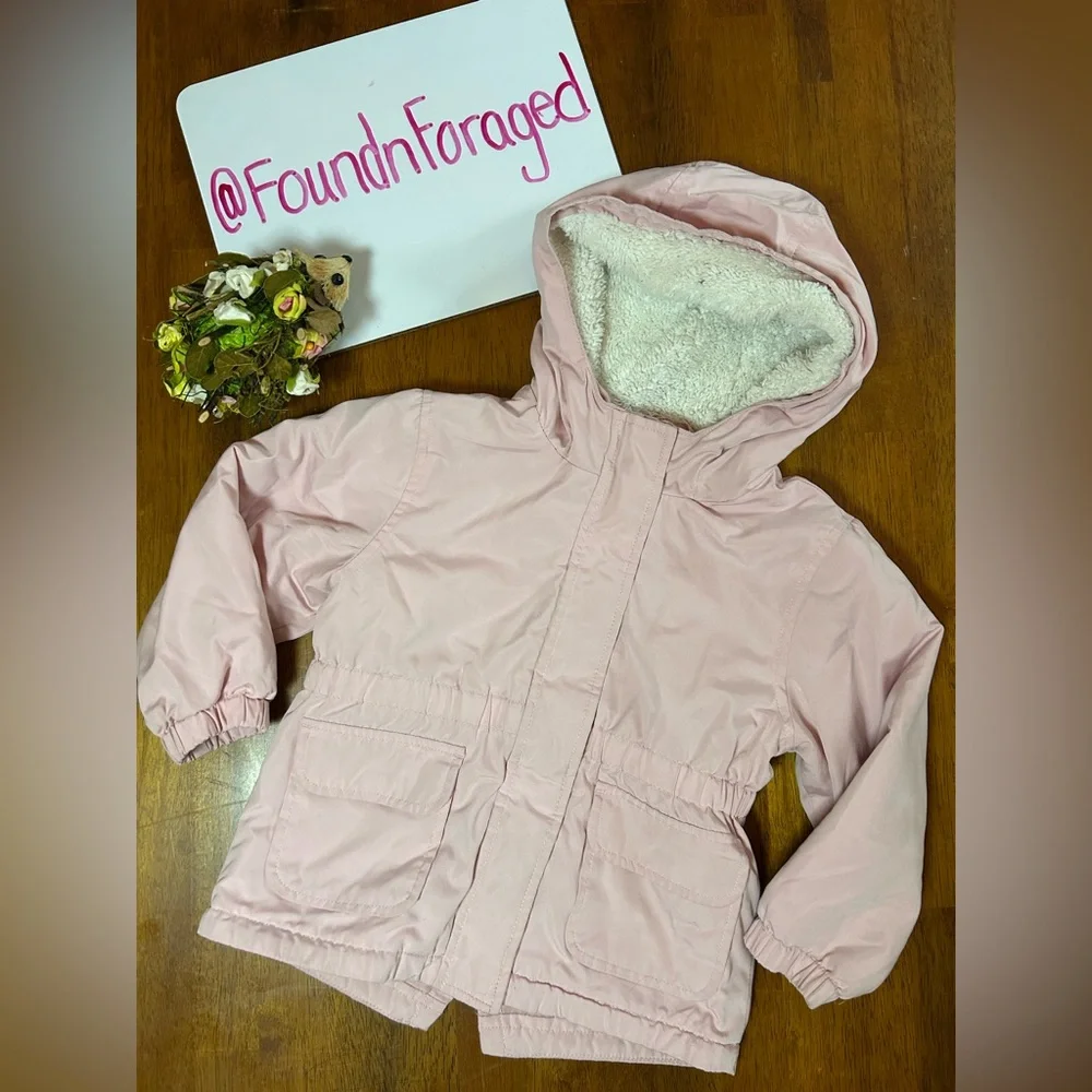 Girls Blush Pink Hooded Spring Jacket | Sherpa-Lined Hood | 3T